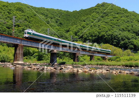 新緑の高梁川と伯備線特急やくも号：381系電車（岡山⇔出雲市） 115511139