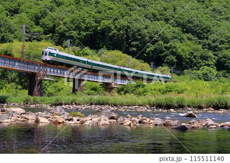 新緑の高梁川と伯備線特急やくも号：381系電車（岡山⇔出雲市） 115511140
