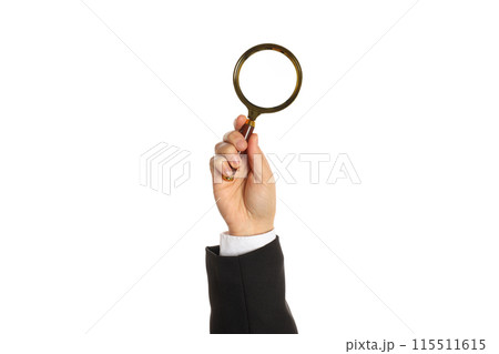 PNG, Male hand with magnifying glass, isolated on white background 115511615