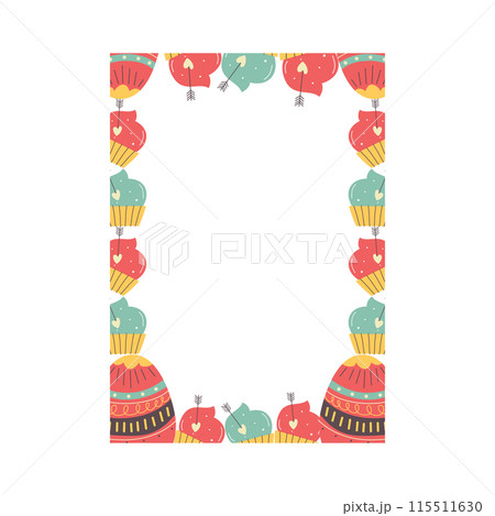 Easter egg rectangle frame design. Easter holiday egg hunt border in colorful flat style with cupcakes. Retro wreath. Stock vector illustration card 115511630