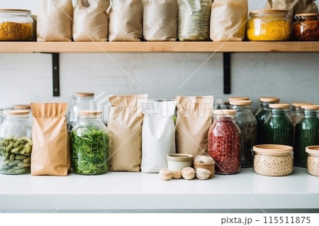 Background of interior in zero waste shop. Products in plastic free grocery store. 115511875