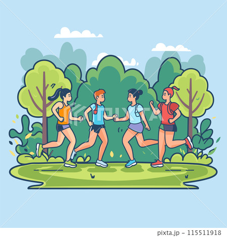 Four animated characters jogging park setting surrounded lush green trees. Young adults engage healthy exercise, males females wearing casual sportswear running together. Friendly outdoor group 115511918