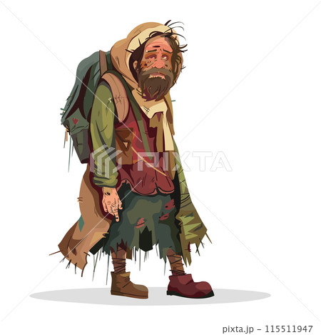 Homeless man looking tired disheveled, carrying backpack, wearing ragged clothing. Male cartoon character beard injuries, appearing need help, standing isolated. Distressed wanderer illustration Homeless man looking tired disheveled, carrying backpack, wearing ragged clothing. Male cartoon character beard injuries, appearing need help, standing isolated. Distressed wanderer illustration 115511947