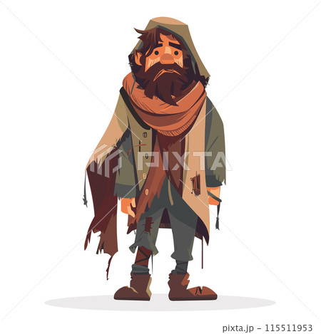 Middleaged man portrayed, rugged appearance, beard, tattered clothing signifies homeless vagabond character. Stands desolate, forlorn expression, depicting hardship, survival, lifes struggles 115511953