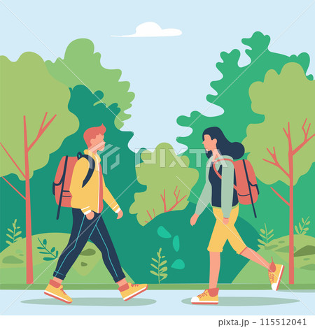 Young man woman hiking through forest, carrying backpacks, dressed casual outdoor gear. Friends enjoying nature walk, engaging leisure activity, surrounded trees foliage. Animated design people Young man woman hiking through forest, carrying backpacks, dressed casual outdoor gear. Friends enjoying nature walk, engaging leisure activity, surrounded trees foliage. Animated design people 115512041