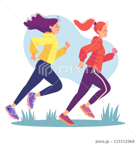 Two women jogging outdoors, healthy lifestyle concept. One has dark hair, yellow jacket, blue pants, redhead, red jacket, purple pants. Both wear running shoes, active movement, joyful expressions 115512068