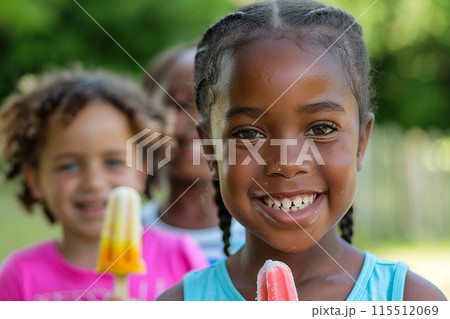 Joyful Childhood Summer Day. Smiling child with friends holding ice pops on a sunny day. 115512069