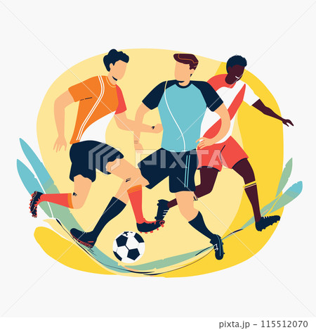 Three diverse male soccer players engaged intense match, battling ball possession. Dynamic sports scene, featuring athletic figures, vibrant flat colors, football gameplay illustration. Multiracial 115512070