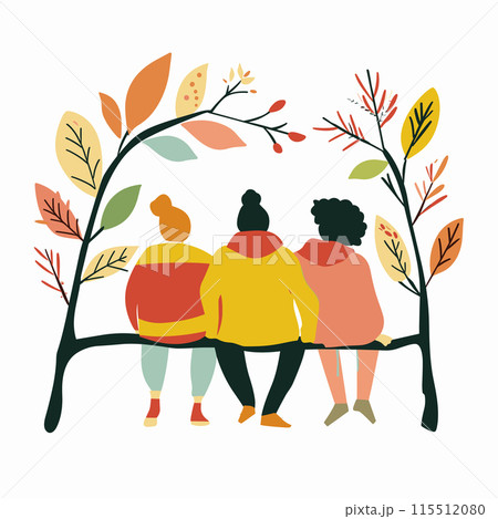 Three women sitting together branch surrounded colorful autumn leaves, facing away, casual wear. Diverse female friends enjoying nature, unity diversity, sitting tree branch, fall scene. Friendship 115512080