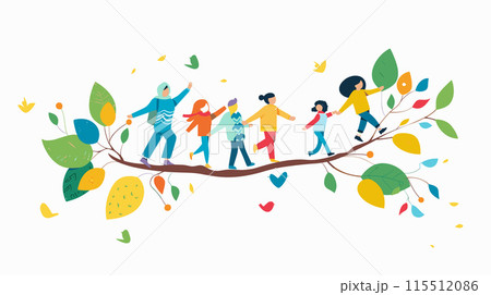 Diverse group balances tree branch, colorful leaves falling around them. Multicultural children engage playful balancing act outdoors. Cartoon illustration friends playing together, nature joy Diverse group balances tree branch, colorful leaves falling around them. Multicultural children engage playful balancing act outdoors. Cartoon illustration friends playing together, nature joy 115512086