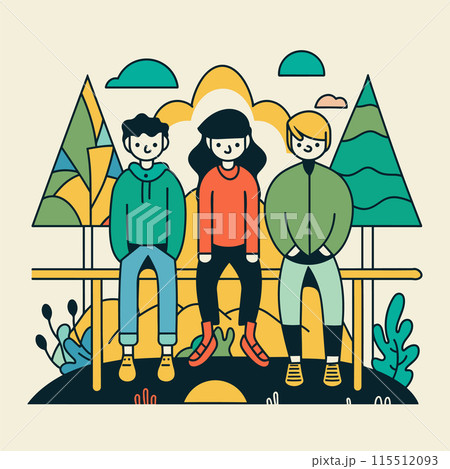 Three young friends sitting bench park, sunny day, casual wear, smiling faces, multicultural group. Park scene stylized trees, bushes, sun, clouds, simple shapes, colorful. Flat design vector Three young friends sitting bench park, sunny day, casual wear, smiling faces, multicultural group. Park scene stylized trees, bushes, sun, clouds, simple shapes, colorful. Flat design vector 115512093