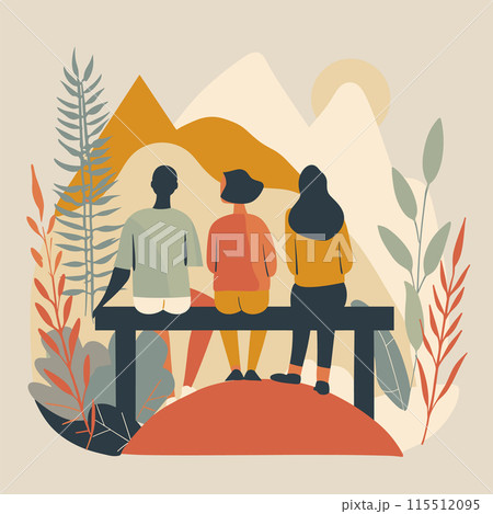 Three individuals seated bench, overlooking mountains. Casual outdoor scene, friends enjoying nature. Warm color palette, abstract nature backdrop Three individuals seated bench, overlooking mountains. Casual outdoor scene, friends enjoying nature. Warm color palette, abstract nature backdrop 115512095