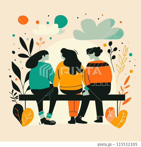 Three young people sitting bench surrounded plants. Friends enjoying outdoor conversation, casual attire, autumn vibe. Cheerful group stylized illustration, diverse, modern design 115512105