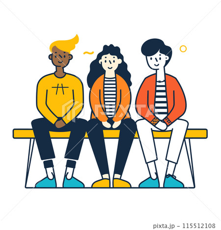 Three people sitting bench, diverse group, casual clothing, friendly, relaxed, colorful illustration. Men woman enjoying others company, simple design, flat graphic style. Cartoon characters 115512108
