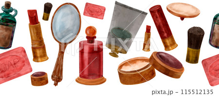 Vintage border pattern with red lipstick, gold mirror, powder, puff, cream, brush, beauty drawn in watercolor in retro style. Vintage cosmetics 115512135