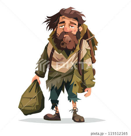Cartoon male character appears disheveled, tired sad, homeless, holding bag. Character has beard, messy hair, tattered green jacket, brown shoes. Art style digital, colorful, cartoonish, clearcut Cartoon male character appears disheveled, tired sad, homeless, holding bag. Character has beard, messy hair, tattered green jacket, brown shoes. Art style digital, colorful, cartoonish, clearcut 115512165