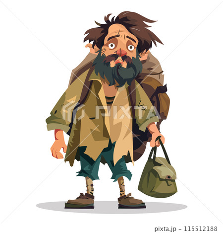 Disheveled man carrying bag, looking weary unkempt. Tattered clothes, boots, heavy coat suggest homelessness. Cartoon character appears desperate poverty Disheveled man carrying bag, looking weary unkempt. Tattered clothes, boots, heavy coat suggest homelessness. Cartoon character appears desperate poverty 115512188