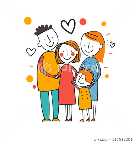 Family portrait happy cartoon illustration. Parents child smiling love happiness. Colorful modern drawing cheerful people 115512201