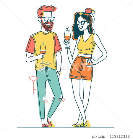 Young adult man woman casually dressed enjoying drinks, social interaction, leisure time. Hipster male beard red hair, female sunglasses, fashionable summer outfits, cool demeanor. Party, friends 115512338