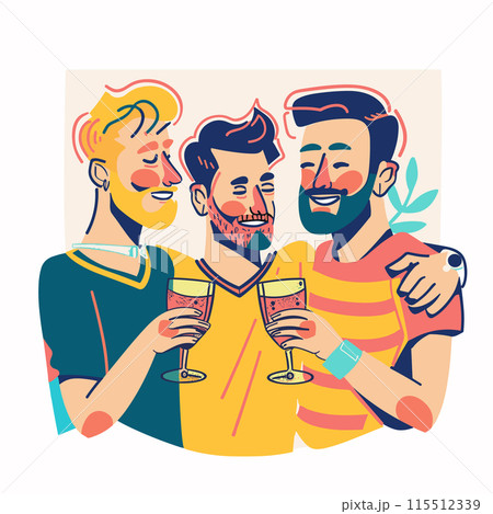 Three friends celebrating, cheers drinks, happy gathering. Men smiling, toasting glasses, joyful moment. Casual clothing, friendship, cheerful party enjoyment together 115512339