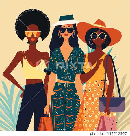 Three fashionable women posing confidently, two African one Caucasian. Dressed stylish summer clothing, sunglasses, widebrimmed hats. Tropical beach fashion, diverse ethnicities, modern female Three fashionable women posing confidently, two African one Caucasian. Dressed stylish summer clothing, sunglasses, widebrimmed hats. Tropical beach fashion, diverse ethnicities, modern female 115512397