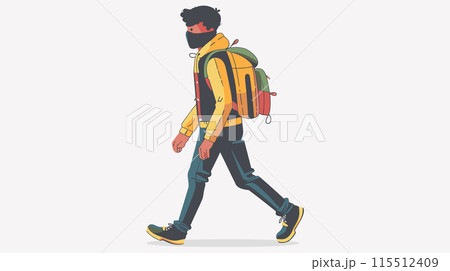 Young male walking casually, wearing face mask health protection, sporting fashionable yellow jacket backpack. Side profile man casual style taking precautionary health measures, illustrating new Young male walking casually, wearing face mask health protection, sporting fashionable yellow jacket backpack. Side profile man casual style taking precautionary health measures, illustrating new 115512409