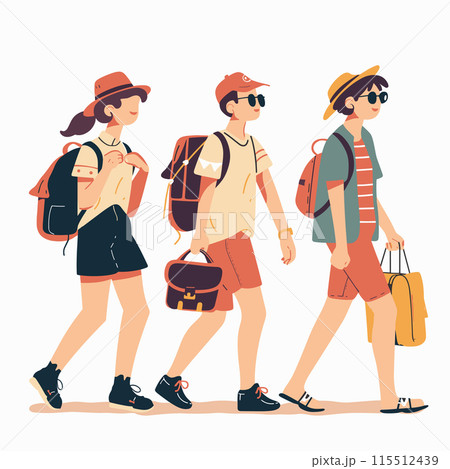 Three young travelers walking side side, carrying bags, dressed casual summer attire. Stylish tourists backpacks, sunglasses, hats stroll confidently forward. Group friends vacation, engaging 115512439
