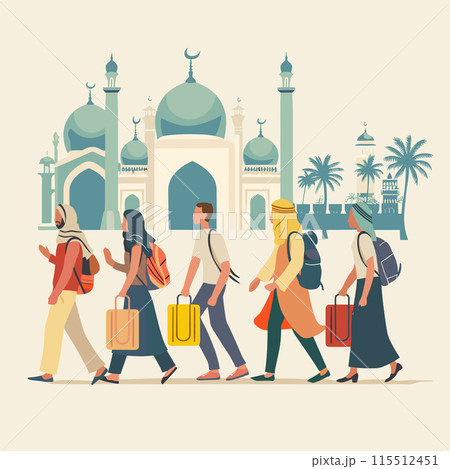 Group diverse tourists walking towards mosque, carrying luggage, palm trees background, travel concept illustration. Multiethnic travelers suitcases city tour near Islamic architecture. Animated 115512451