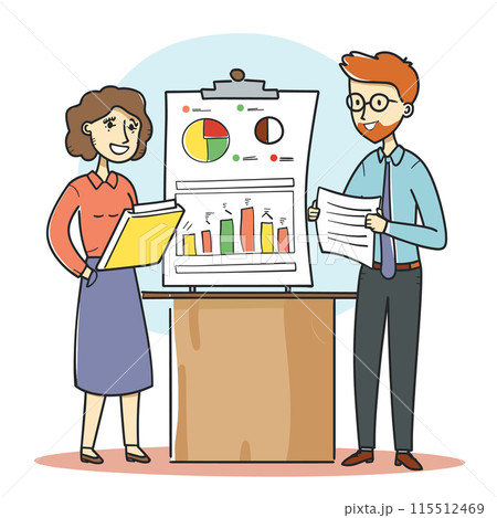 Woman man presenting business report using flip chart. Both professionals, casually dressed, discussing data, charts, graphs. Office presentation meeting, teamwork, analysis concept Woman man presenting business report using flip chart. Both professionals, casually dressed, discussing data, charts, graphs. Office presentation meeting, teamwork, analysis concept 115512469