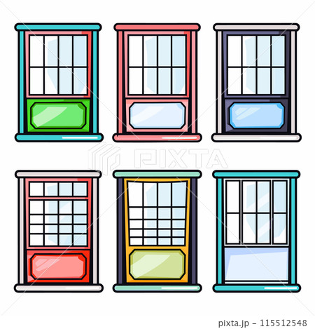 Six colorful cartoonstyle windows displayed two rows three, window features different vibrant color simplistic design typical graphical representation, illustration could symbolize home improvement Six colorful cartoonstyle windows displayed two rows three, window features different vibrant color simplistic design typical graphical representation, illustration could symbolize home improvement 115512548
