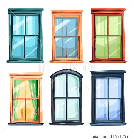 Set colorful vintage windows, architectural details, various designs. Cartoon style vector illustration windows, home exterior elements. Variety window frames, retro building features, vibrant 115512550