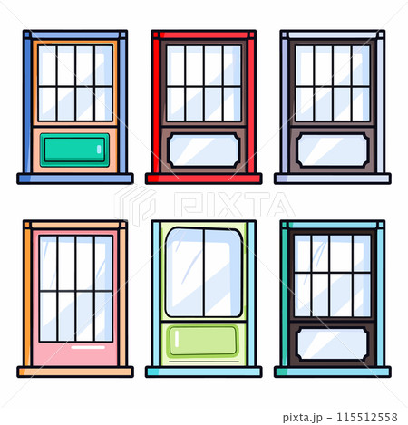 Set colorful cartoonstyle windows, unique window frames sills. Vector illustration various window designs, clear glass, simple outlines. Six windows, diverse colors, pane arrangements isolated white 115512558