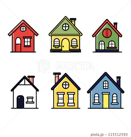 Six colorful cartoonstyle houses displayed against isolated white background, house features unique design elements, bright primary secondary colors, simple shapes. Graphics suitable real estate 115512593