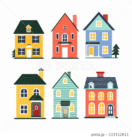 Colorful cartoon houses collection set, various architectural styles, residential buildings design, urban suburb homes, isolated white background. Cute city dwellings, real estate, vibrant vector Colorful cartoon houses collection set, various architectural styles, residential buildings design, urban suburb homes, isolated white background. Cute city dwellings, real estate, vibrant vector 115512611