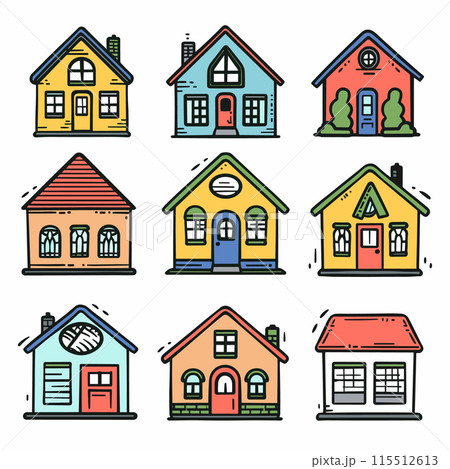Colorful cartoon houses, varied designs, unique windows, doors. Diverse architecture, suburban homes, vibrant, playful. Nine different styles isolated white background Colorful cartoon houses, varied designs, unique windows, doors. Diverse architecture, suburban homes, vibrant, playful. Nine different styles isolated white background 115512613
