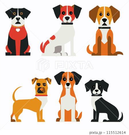 Collection six cartoon dogs sitting isolated white background, dog has unique color pattern collar, displayed flat design style. Canine set showcases variety dog breeds poses Collection six cartoon dogs sitting isolated white background, dog has unique color pattern collar, displayed flat design style. Canine set showcases variety dog breeds poses 115512614