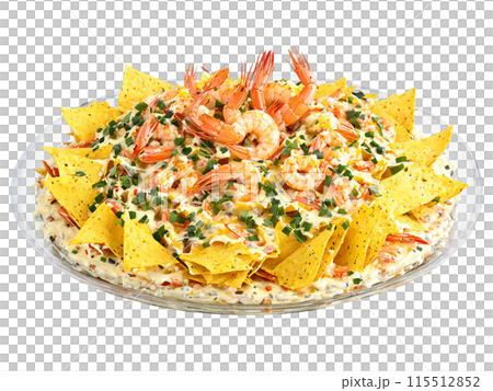 Seafood Nachos with shrimp crab and a creamy cheese sauce served on a transparent glass Seafood Nachos with shrimp crab and a creamy cheese sauce served on a transparent glass 115512852