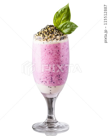 Pakistani Falooda tall glass with rose syrup milk vermicelli noodles and basil seeds popular dessert 115512887