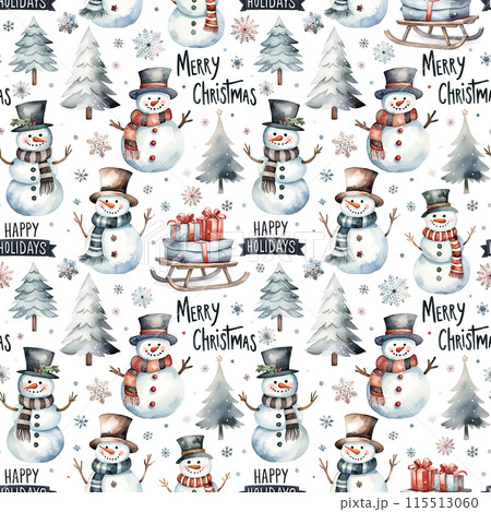 Watercolor seamless pattern with snowmen, sled with gift boxes, Christmas trees and snowflakes isolated on white background. 115513060