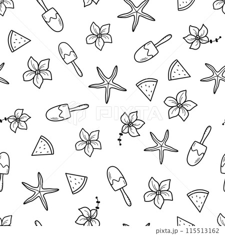 Seamless pattern of summer elements. Vector illustration background flowers ice cream shell watermelon. Seamless pattern of summer elements. Vector illustration background flowers ice cream shell watermelon. 115513162