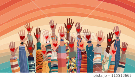 Banner whit raised hands of multicultural volunteer people holding a heart. Charity and solidarity donation. Community of volunteers. Voluntary concept. NGO. Aid. Volunteerism 115513665