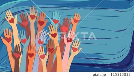 Banner whit abstract raised hands of multicultural volunteer people holding a heart. Charity and solidarity donation. Community of volunteers. Voluntary concept. NGO. Aid. Volunteerism Banner whit abstract raised hands of multicultural volunteer people holding a heart. Charity and solidarity donation. Community of volunteers. Voluntary concept. NGO. Aid. Volunteerism 115513832