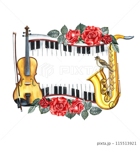 The frame is musical with a violin, piano keys and a saxophone. decorated with roses. The watercolor illustrations are made by hand. For posters, flyers and invitation cards. For stickers, labels. 115513921