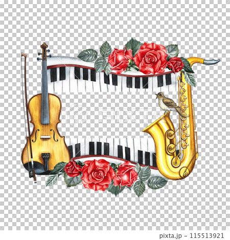 The frame is musical with a violin, piano keys and a saxophone. decorated with roses. The watercolor illustrations are made by hand. For posters, flyers and invitation cards. For stickers, labels. 115513921