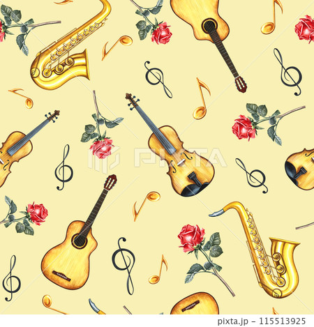 Musical seamless pattern with musical instruments, guitars, violins and saxophones. The watercolor illustration is made by hand. On a beige background. For textiles, packaging paper, printing and more Musical seamless pattern with musical instruments, guitars, violins and saxophones. The watercolor illustration is made by hand. On a beige background. For textiles, packaging paper, printing and more 115513925