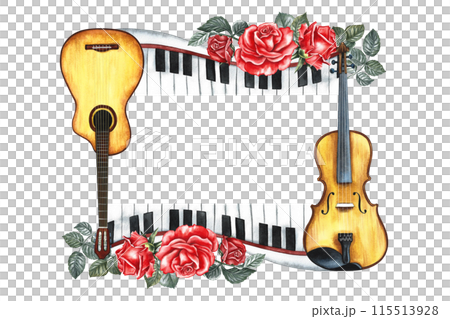 The frame is musical with guitars, piano keys, violin and red roses. The watercolor illustration is made by hand. For posters, flyers and invitation cards. For greeting cards and certificates. 115513928