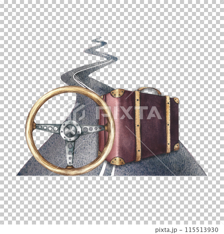 Paved road, steering wheel and suitcase. The illustration is done in watercolor by hand. Vintage sticker for the traveler. For flyers, banners and postcards. For invitations, posters and printing. 115513930