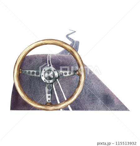 Paved road and steering wheel. The illustration is done in watercolor by hand. Sticker for drivers. Isolate her. Designed for making flyers, banners and postcards. For invitations, posters, and prints 115513932