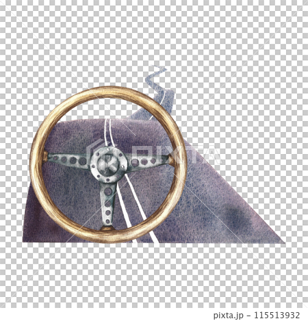 Paved road and steering wheel. The illustration is done in watercolor by hand. Sticker for drivers. Isolate her. Designed for making flyers, banners and postcards. For invitations, posters, and prints 115513932