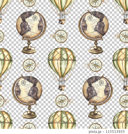 A trip around the world. Seamless pattern of balloons, compasses and globes in vintage style. Handmade watercolor illustration. For textile, wallpaper, wrapping paper, packaging A trip around the world. Seamless pattern of balloons, compasses and globes in vintage style. Handmade watercolor illustration. For textile, wallpaper, wrapping paper, packaging 115513935